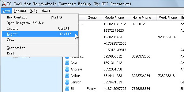 export android cotnacts to a file menu